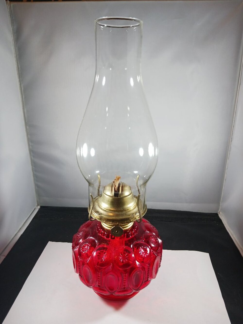 Vintage L.E. Smith Moon & Star Ruby Red Hurricane Oil Lamp with Globe